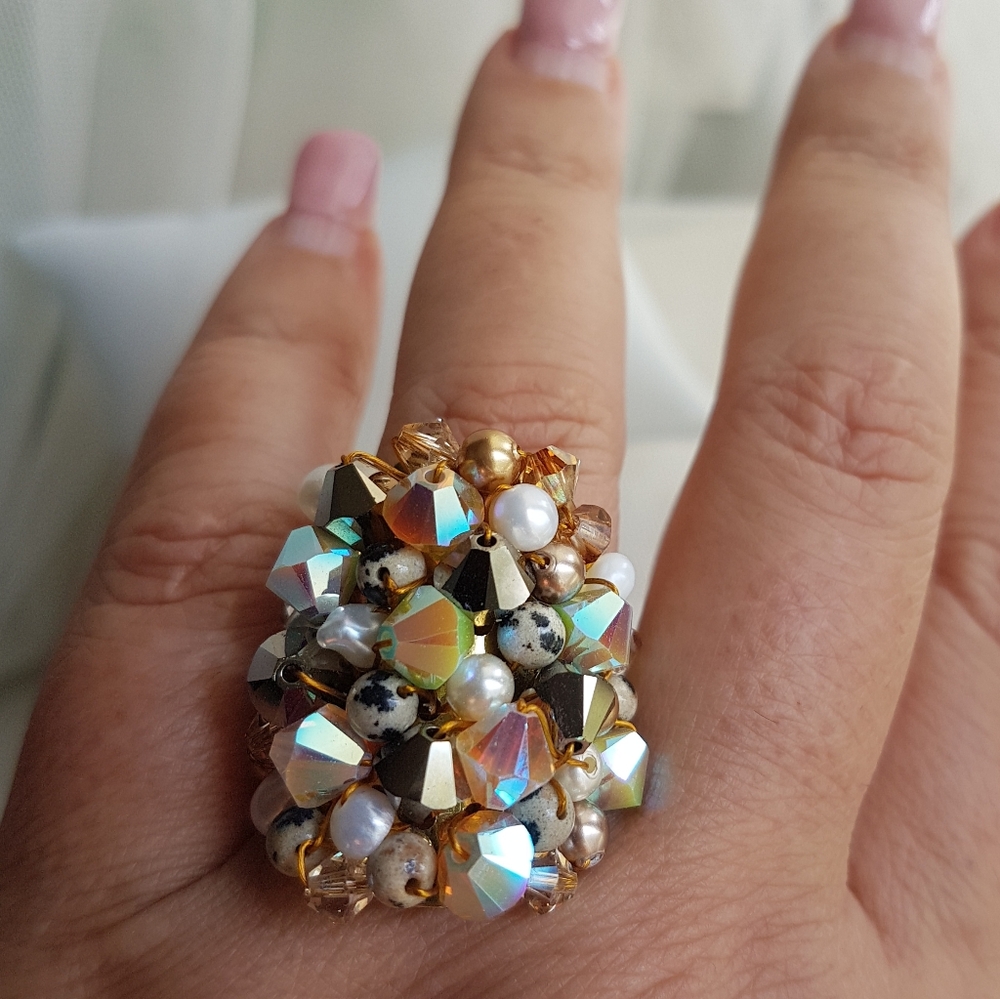 Swarovski Elements Large Dark Brown & Dalmatian Beads Cluster Statement Ring NWT - Picture 7 of 13